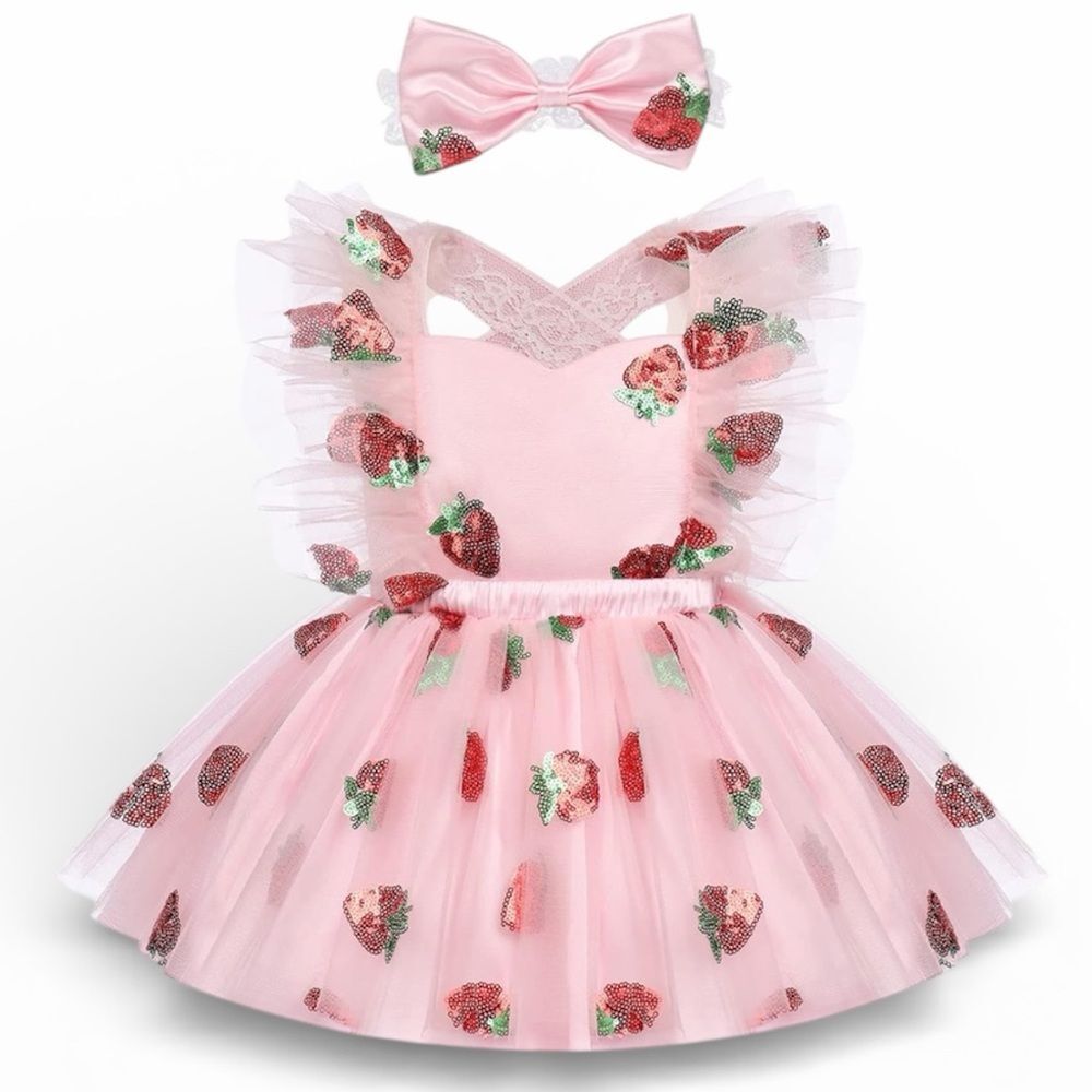 Baby Toddler Girl Dress Lace Butterfly Strawberry Ruffle Birthday 12-18 M B4